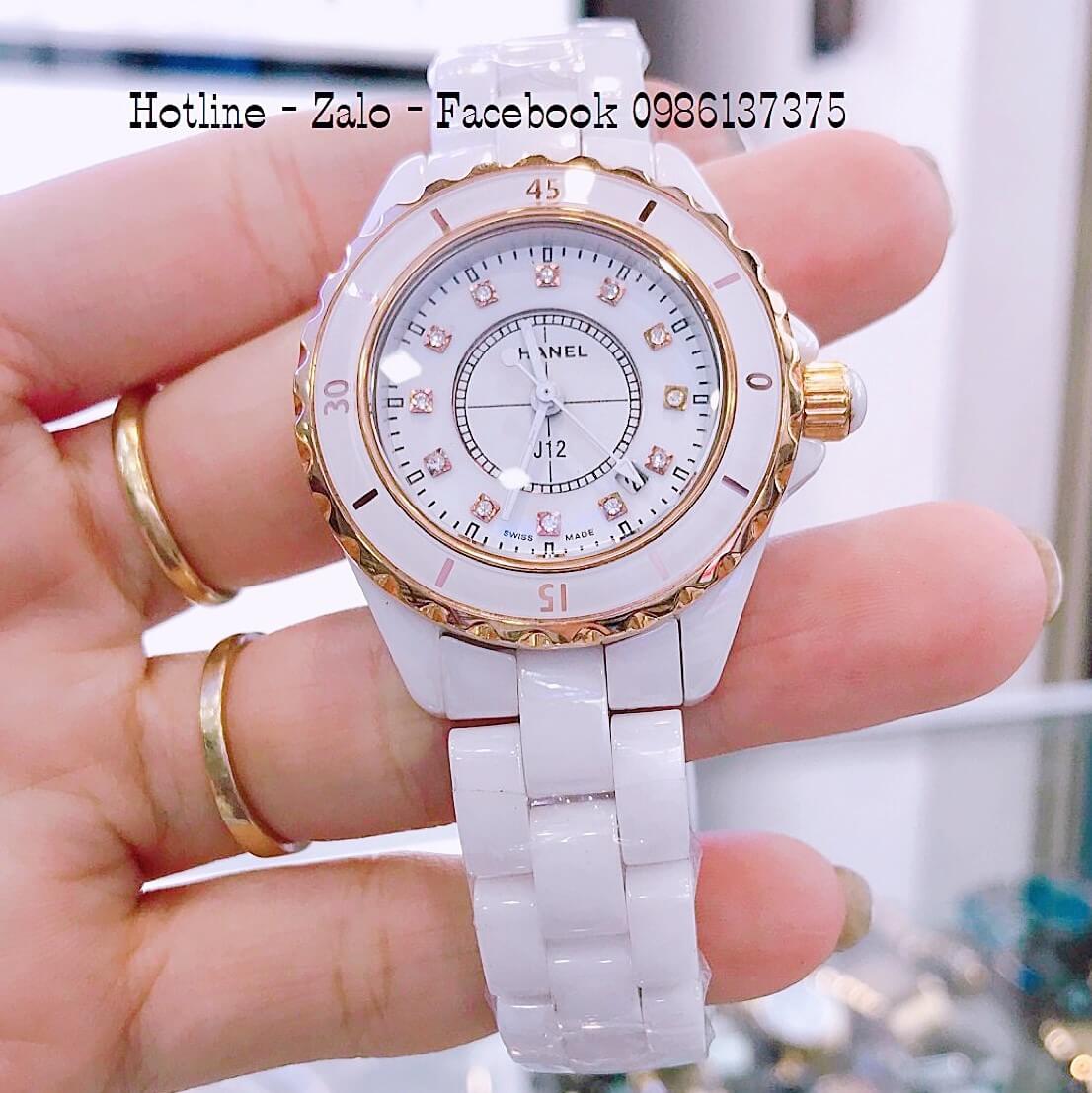 Đồng Hồ Nữ Chanel Đá Ceramic Trắng 34mm - 39mm Mặt Hột