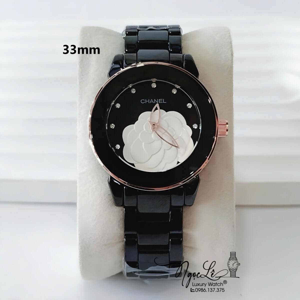 Đồng Hồ Nữ Chanel J12 Dây Đá Ceramic Đen Mặt Hoa Trắng 3D Viền Rose Size 33mm