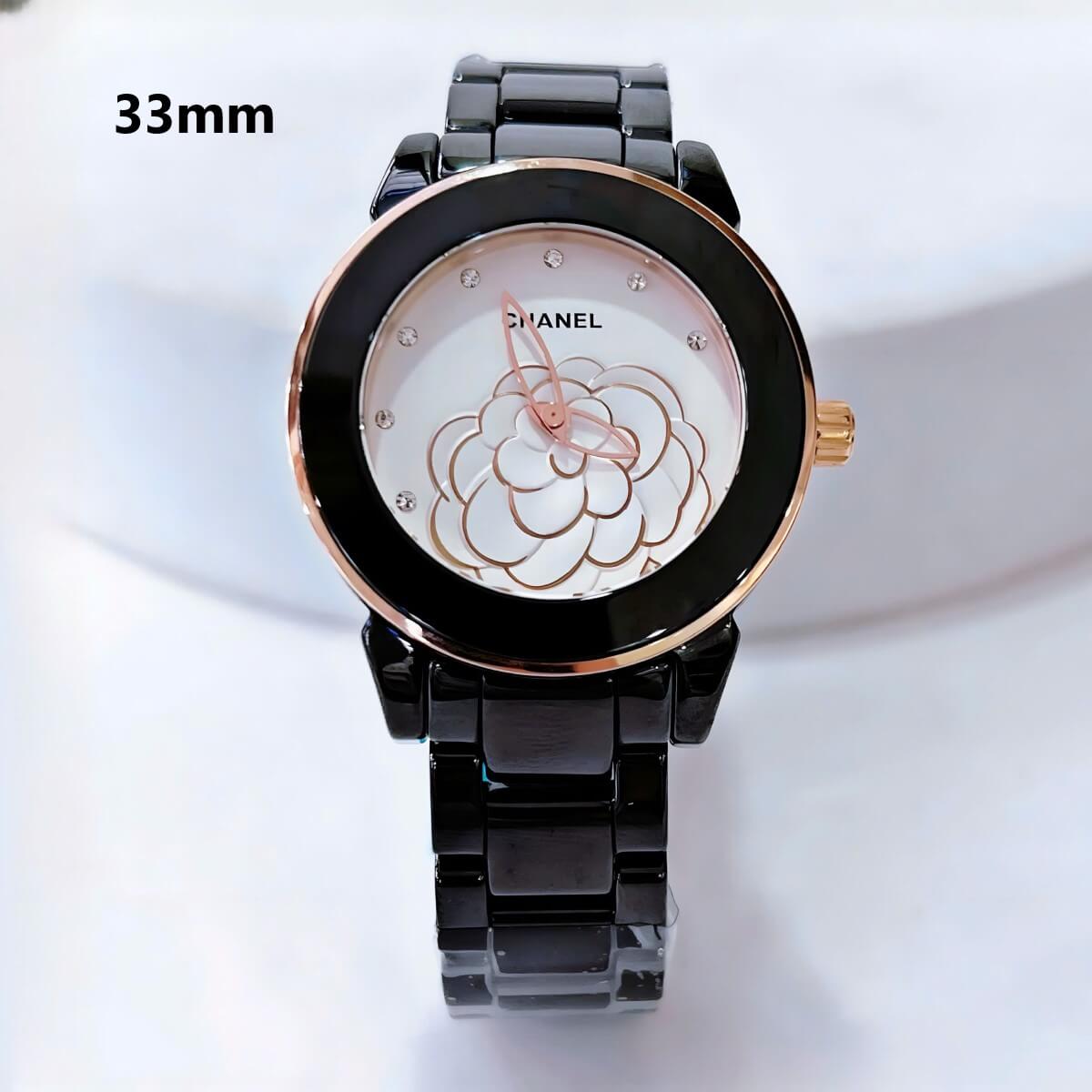 Đồng Hồ Nữ Chanel J12 Dây Đá Ceramic Đen Mặt Hoa 3D Viền Rose Size 33mm