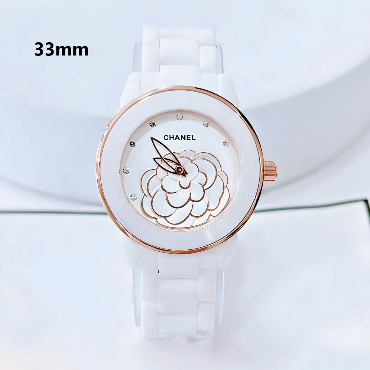 Đồng Hồ Nữ Chanel J12 Dây Đá Ceramic Trắng Mặt Hoa 3D Viền Rose Size 33mm