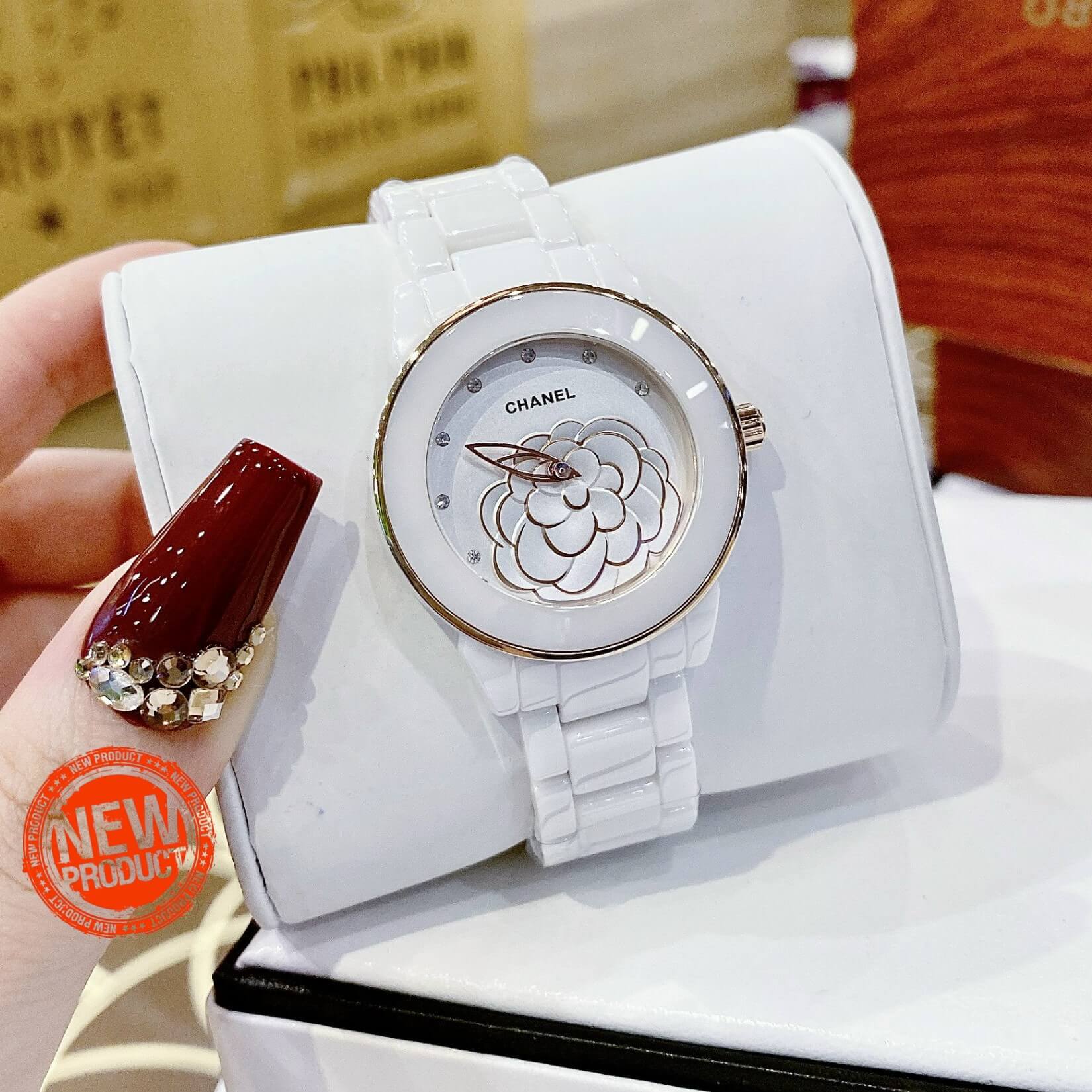 Đồng Hồ Nữ Chanel J12 Dây Đá Ceramic Trắng Mặt Hoa 3D Viền Rose Size 33mm
