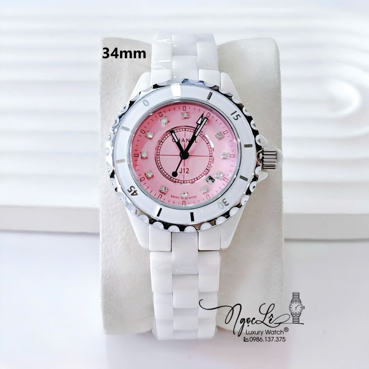 Đồng Hồ Nữ Chanel J12 Dây Đá Ceramic Trắng Mặt Hồng Pastel Size 34mm - Mặt Đính 12 Viên Đá