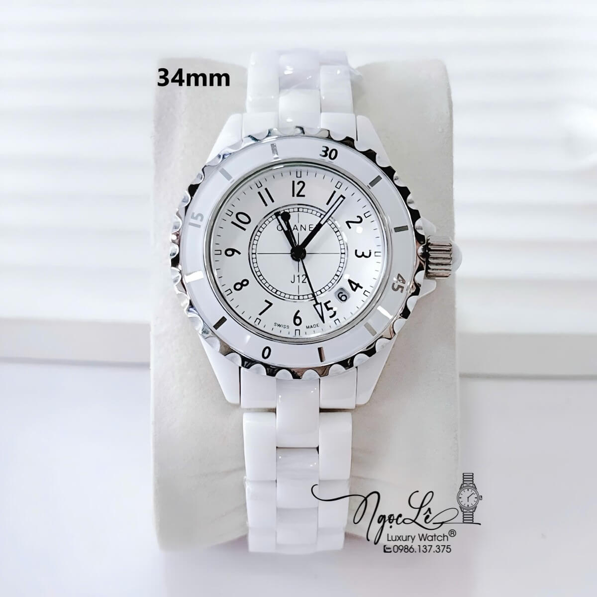 Đồng Hồ Nữ Chanel J12 Dây Đá Ceramic Trắng Viền Kim Loại Size 34mm - Mặt Đính Số