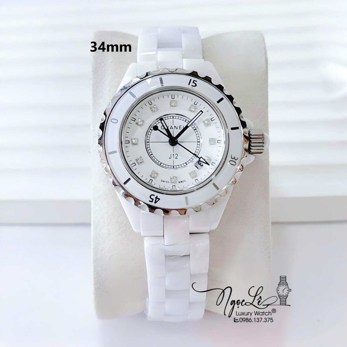 Đồng Hồ Nữ Chanel J12 Dây Đá Ceramic Trắng Viền Kim Loại Size 34mm - Mặt Đính 12 Viên Đá