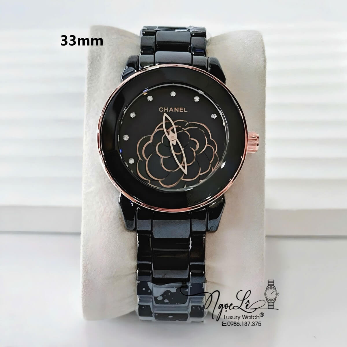 Đồng Hồ Nữ Chanel J12 Dây Đá Ceramic Đen Mặt Hoa 3D Viền Rose Size 33mm