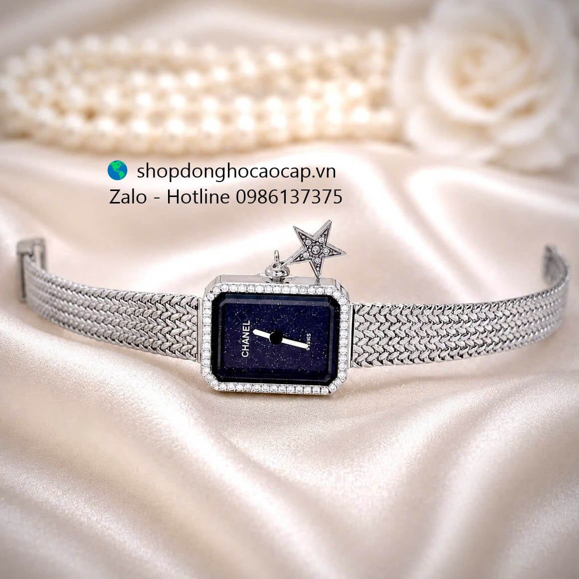 Đồng hồ Chanel nữ, đồng hồ Chanel Première Charm dây mesh mặt đen size 20x26mm - Quartz
