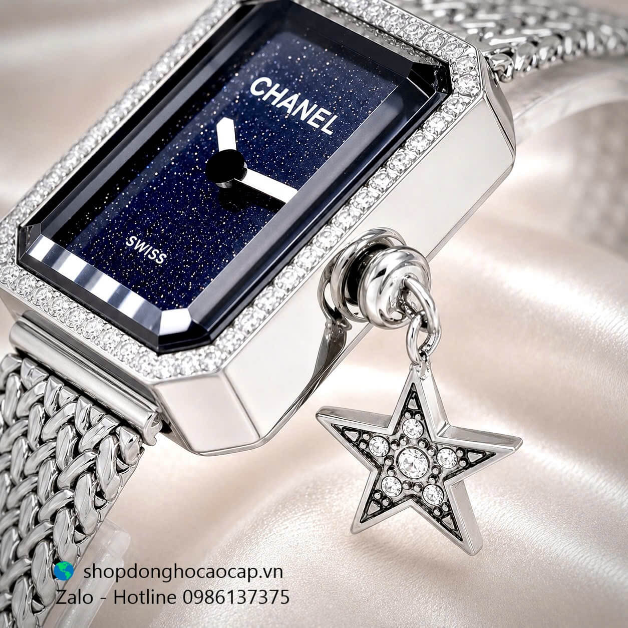 Đồng hồ Chanel nữ, đồng hồ Chanel Première Charm dây mesh mặt đen size 20x26mm - Quartz