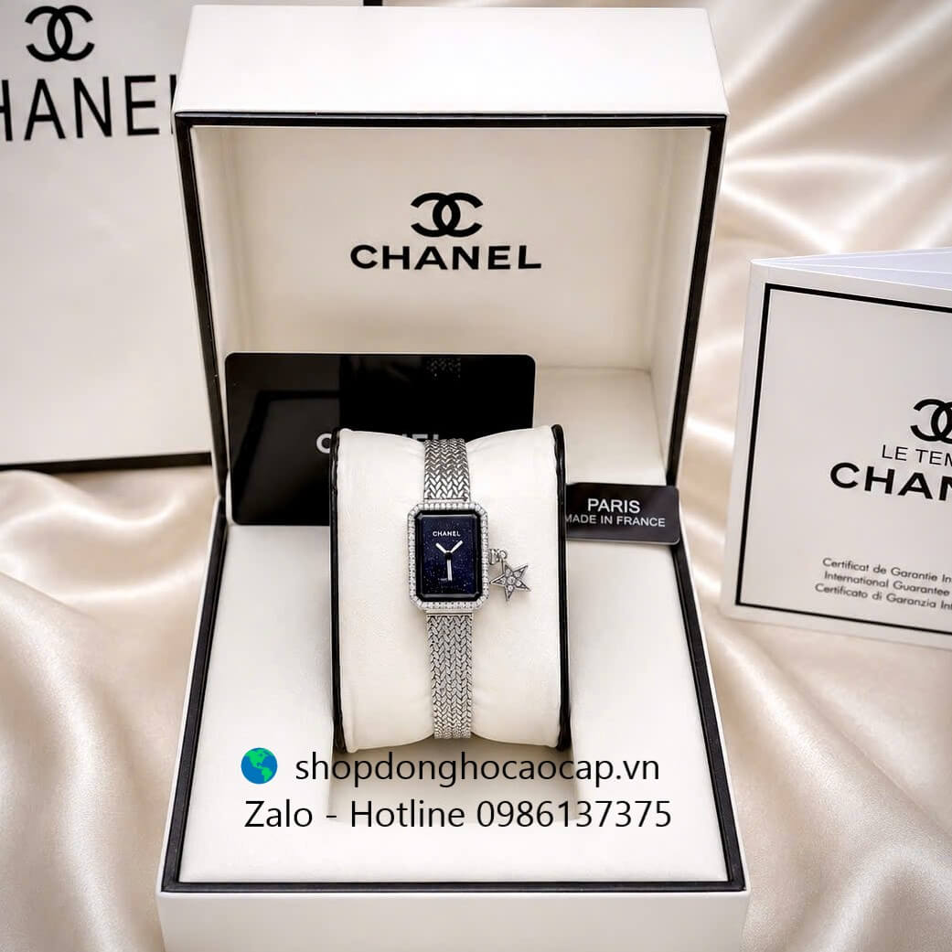Đồng hồ Chanel nữ, đồng hồ Chanel Première Charm dây mesh mặt đen size 20x26mm - Quartz