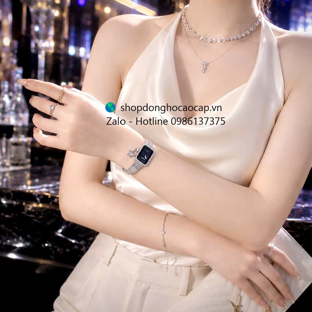 Đồng hồ Chanel nữ, đồng hồ Chanel Première Charm dây mesh mặt đen size 20x26mm - Quartz