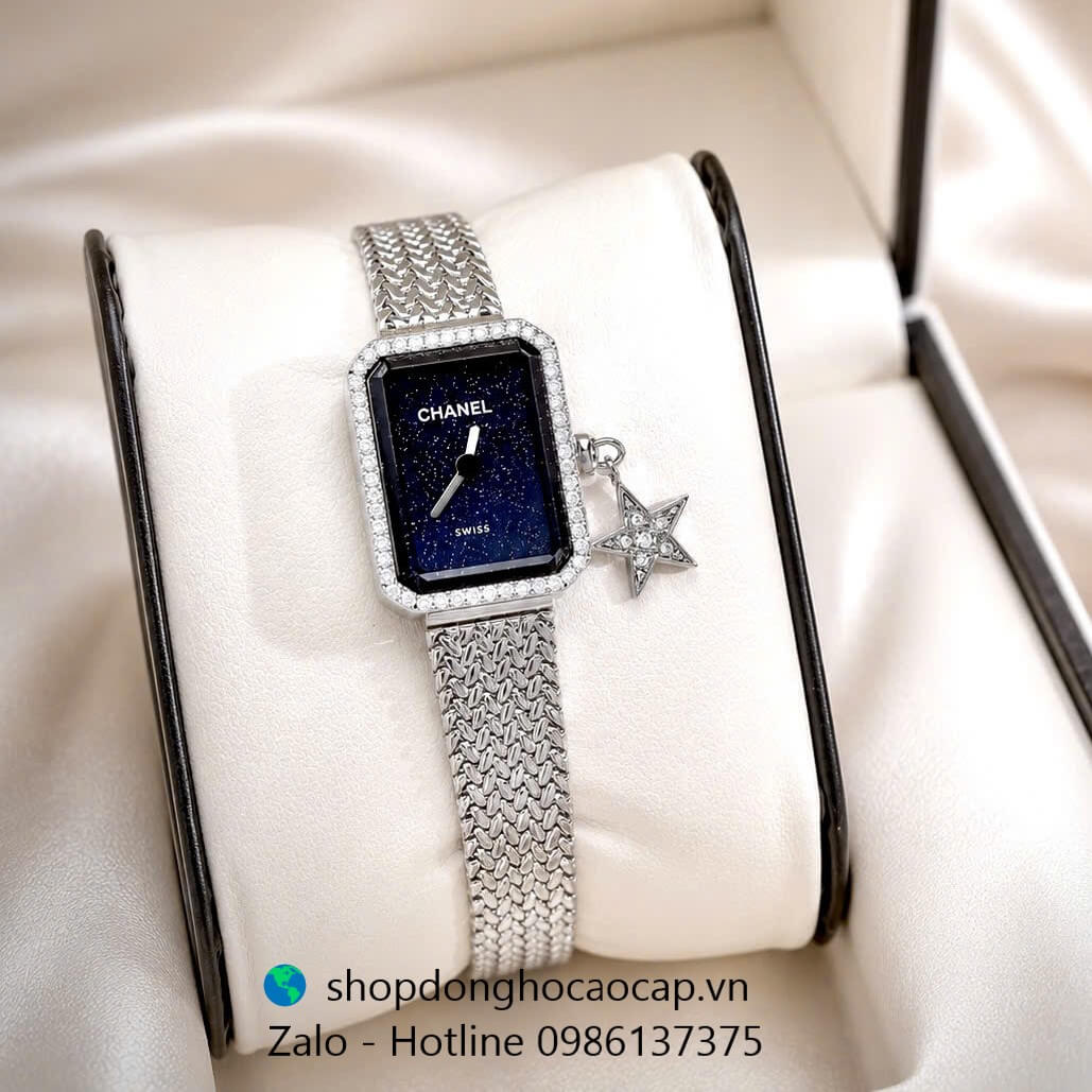 Đồng hồ Chanel nữ, đồng hồ Chanel Première Charm dây mesh mặt đen size 20x26mm - Quartz