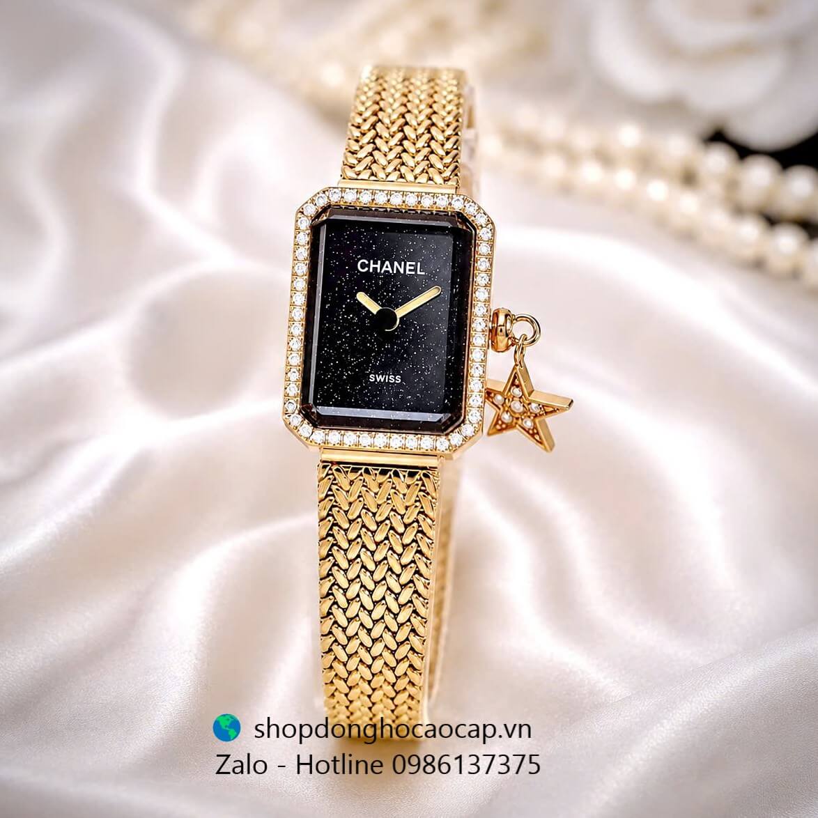 Đồng hồ Chanel nữ, đồng hồ Chanel Première Charm dây mesh vàng gold mặt đen size 20x26mm - Quartz