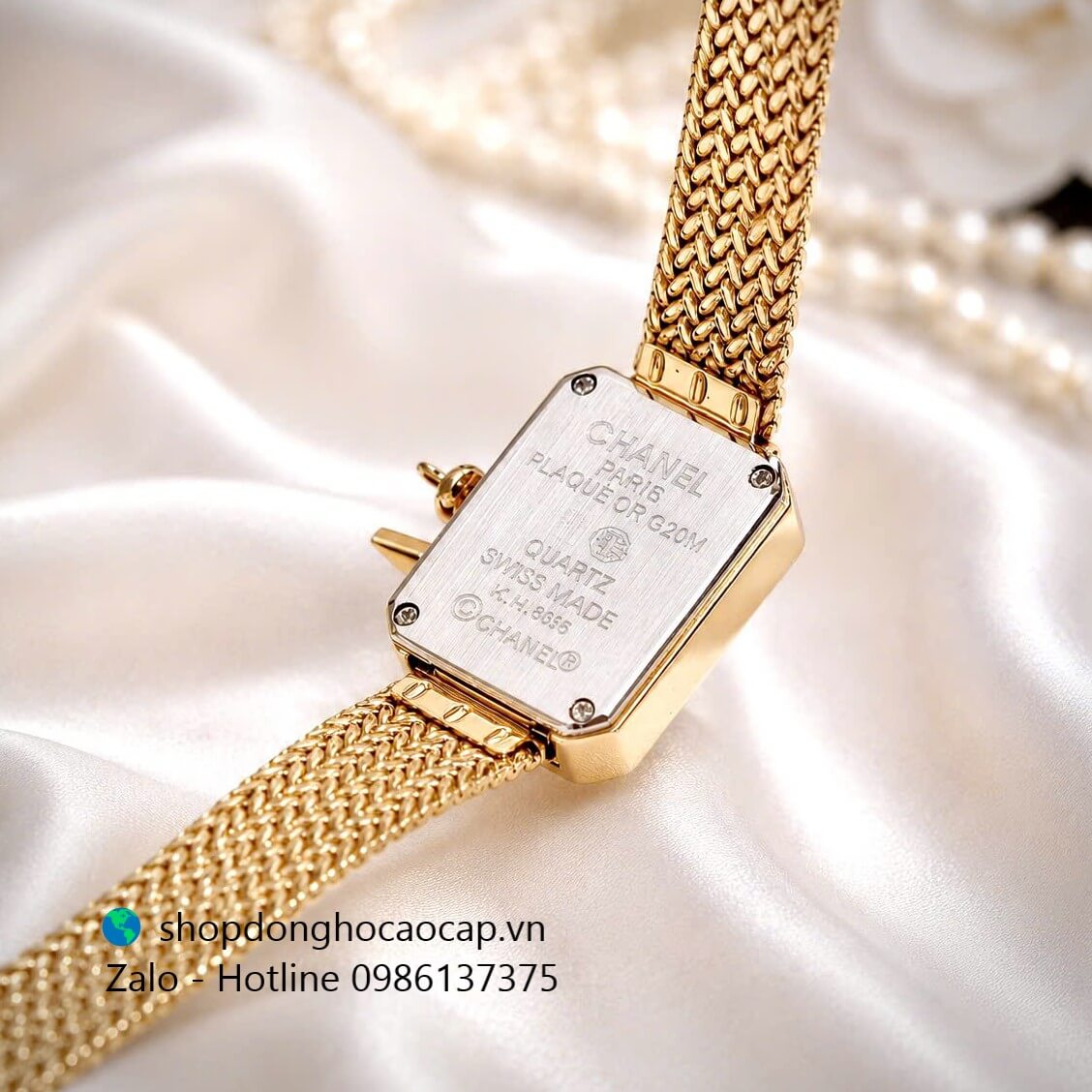 Đồng hồ Chanel nữ, đồng hồ Chanel Première Charm dây mesh vàng gold mặt đen size 20x26mm - Quartz