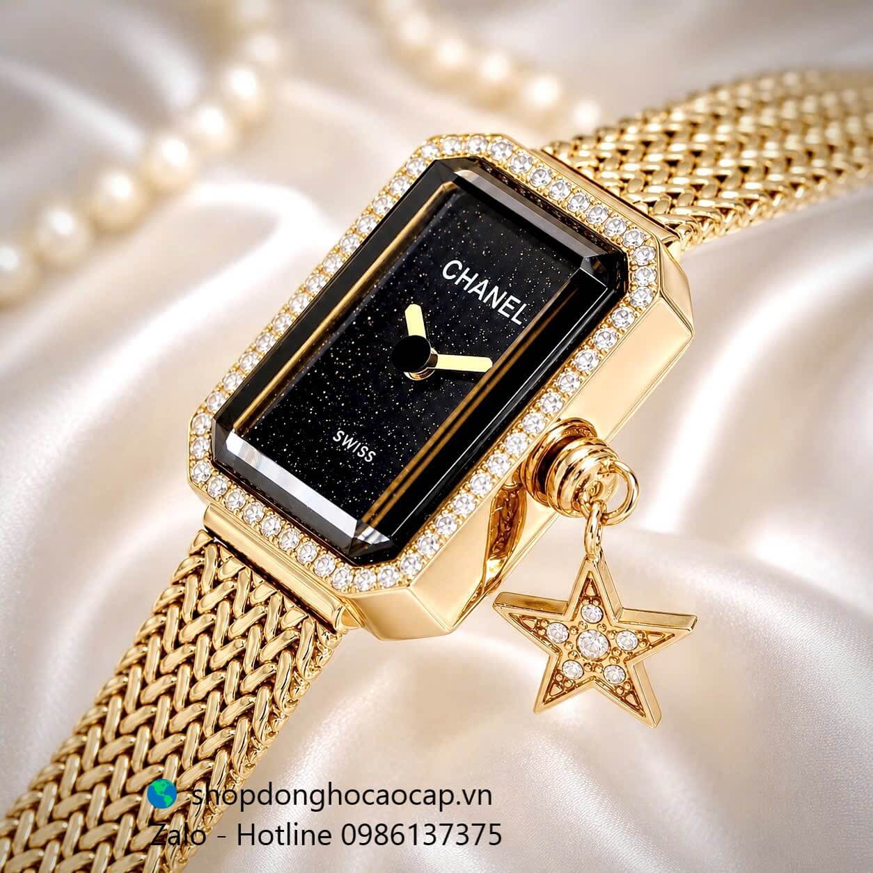 Đồng hồ Chanel nữ, đồng hồ Chanel Première Charm dây mesh vàng gold mặt đen size 20x26mm - Quartz