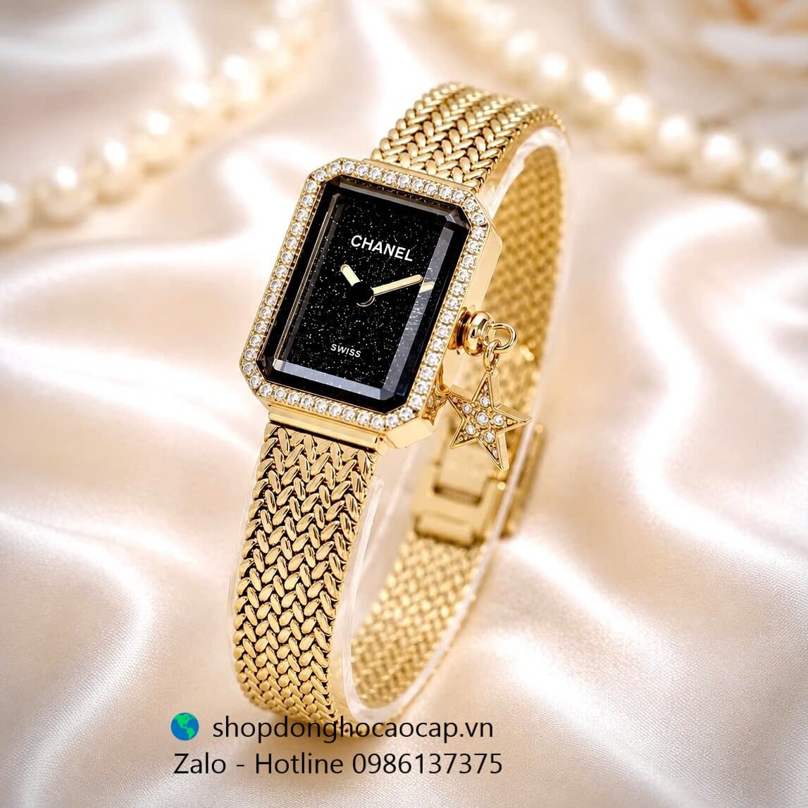 Đồng hồ Chanel nữ, đồng hồ Chanel Première Charm dây mesh vàng gold mặt đen size 20x26mm - Quartz