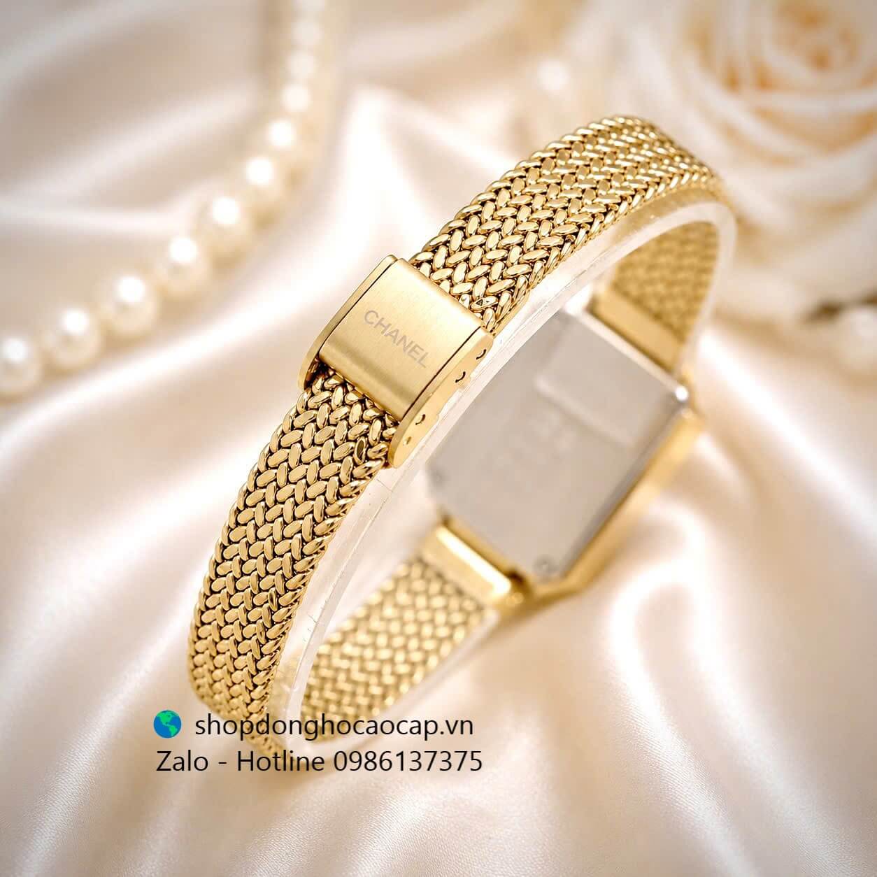 Đồng hồ Chanel nữ, đồng hồ Chanel Première Charm dây mesh vàng gold mặt đen size 20x26mm - Quartz