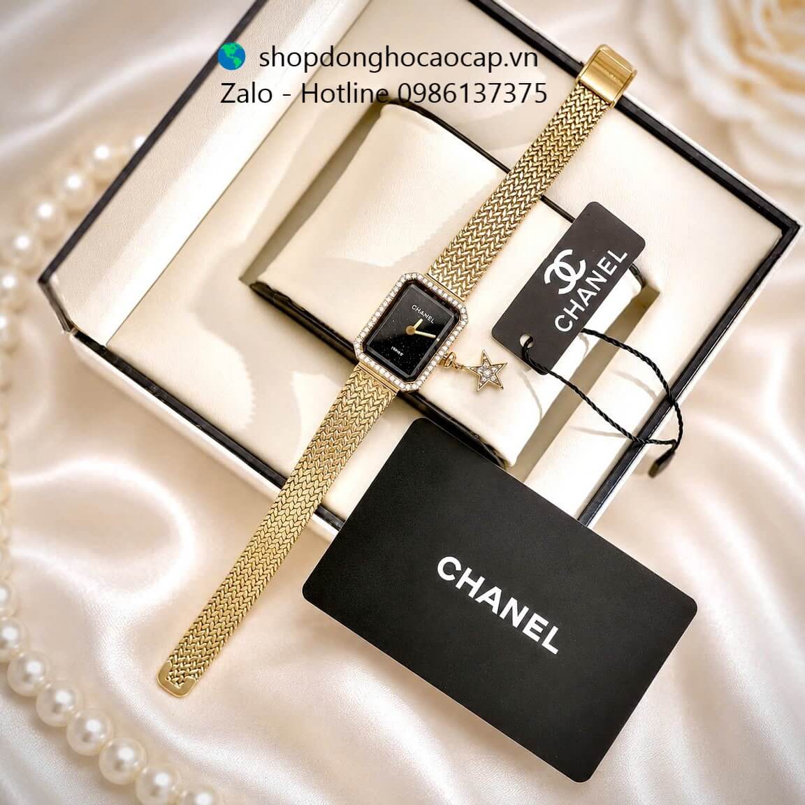 Đồng hồ Chanel nữ, đồng hồ Chanel Première Charm dây mesh vàng gold mặt đen size 20x26mm - Quartz