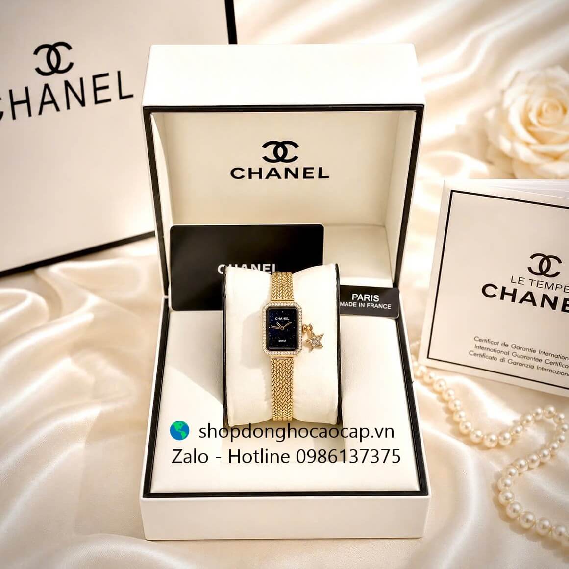 Đồng hồ Chanel nữ, đồng hồ Chanel Première Charm dây mesh vàng gold mặt đen size 20x26mm - Quartz