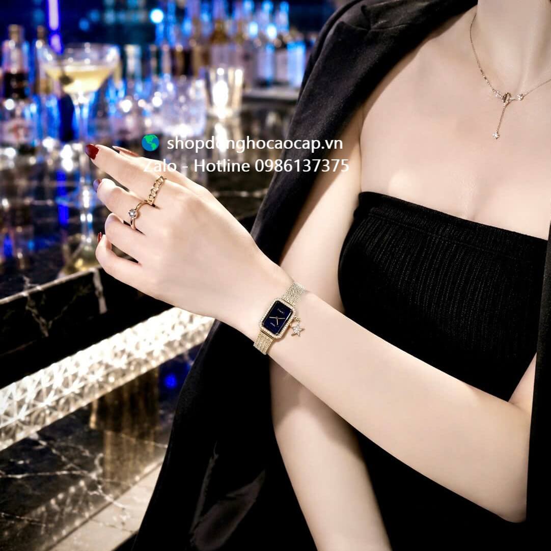 Đồng hồ Chanel nữ, đồng hồ Chanel Première Charm dây mesh vàng gold mặt đen size 20x26mm - Quartz