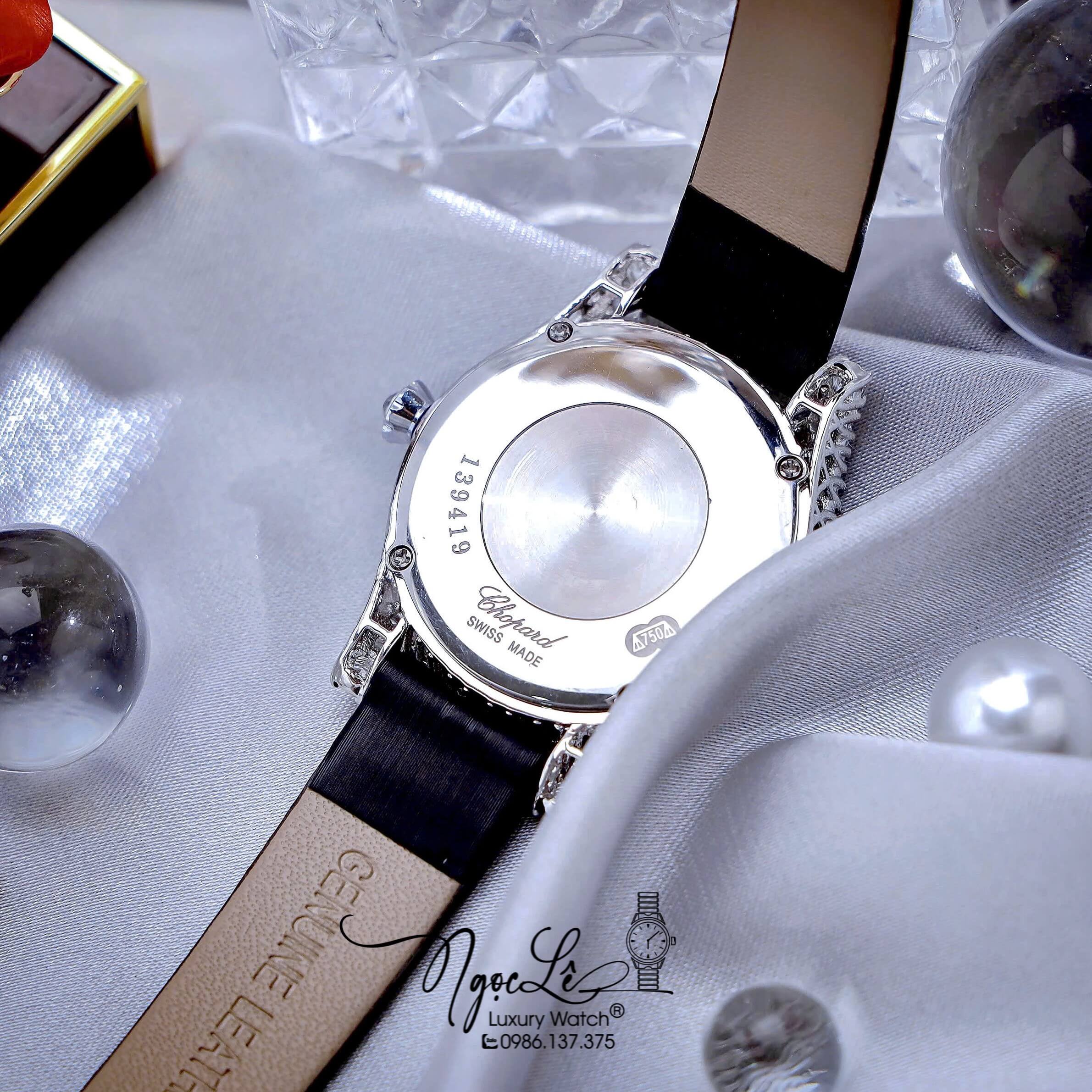 Đồng Hồ Chopard Nữ Dây Da Lụa Màu Đen Vỏ Màu Bạc Đính Đá Size 31mm