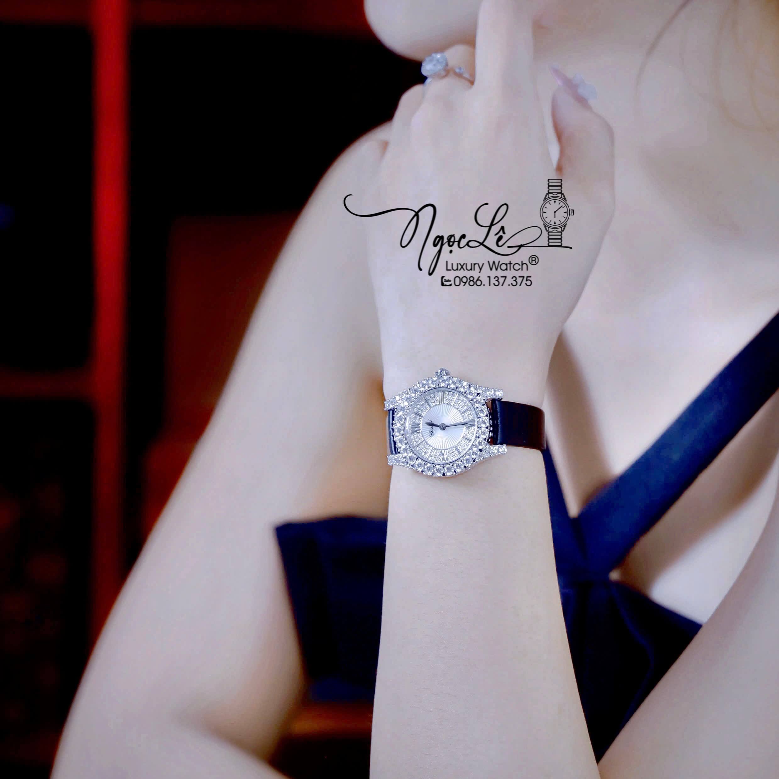 Đồng Hồ Chopard Nữ Dây Da Lụa Màu Đen Vỏ Màu Bạc Đính Đá Size 31mm