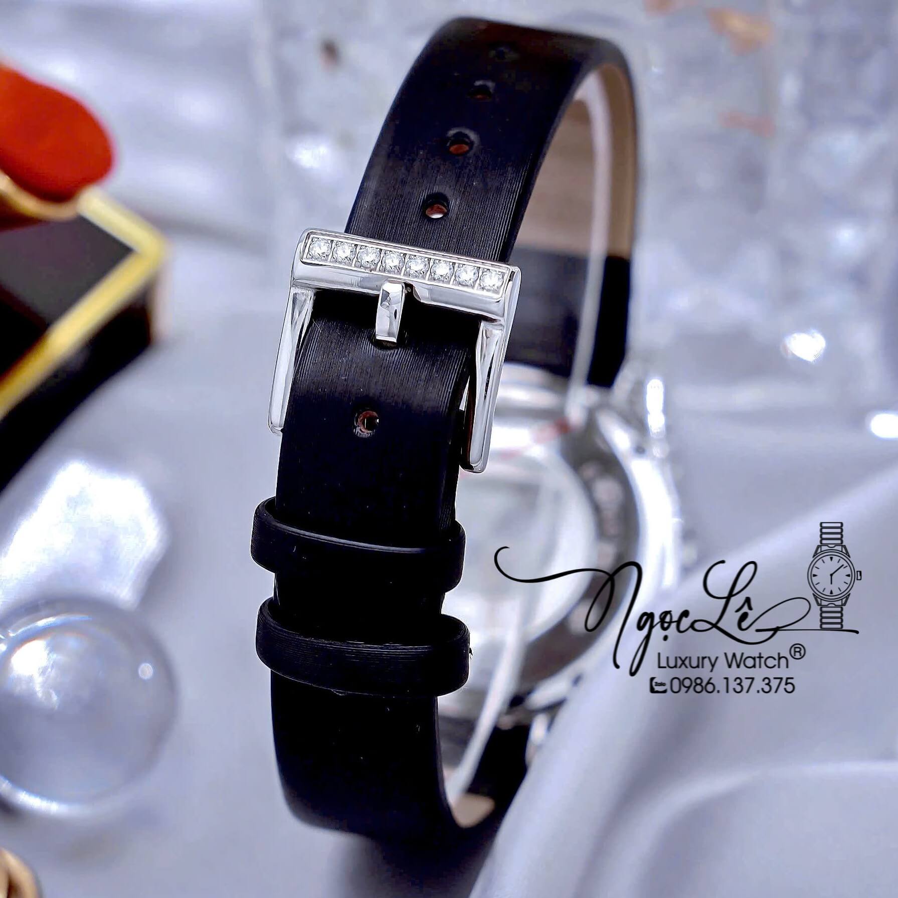 Đồng Hồ Chopard Nữ Dây Da Lụa Màu Đen Vỏ Màu Bạc Đính Đá Size 31mm