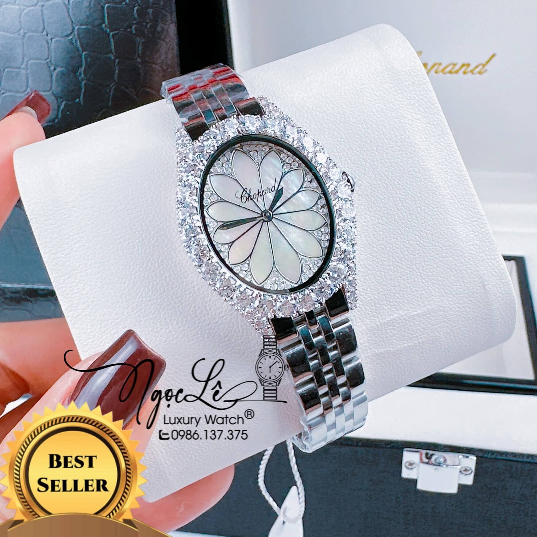 Đồng Hồ Chopard Nữ Mặt Oval Họa Tiết Hoa Xà Cừ Dây Kim Loại Màu Đính Đá Size 34mm