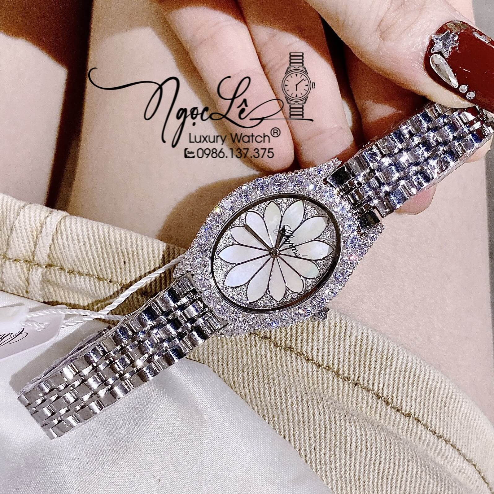 Đồng Hồ Chopard Nữ Mặt Oval Họa Tiết Hoa Xà Cừ Dây Kim Loại Màu Đính Đá Size 34mm