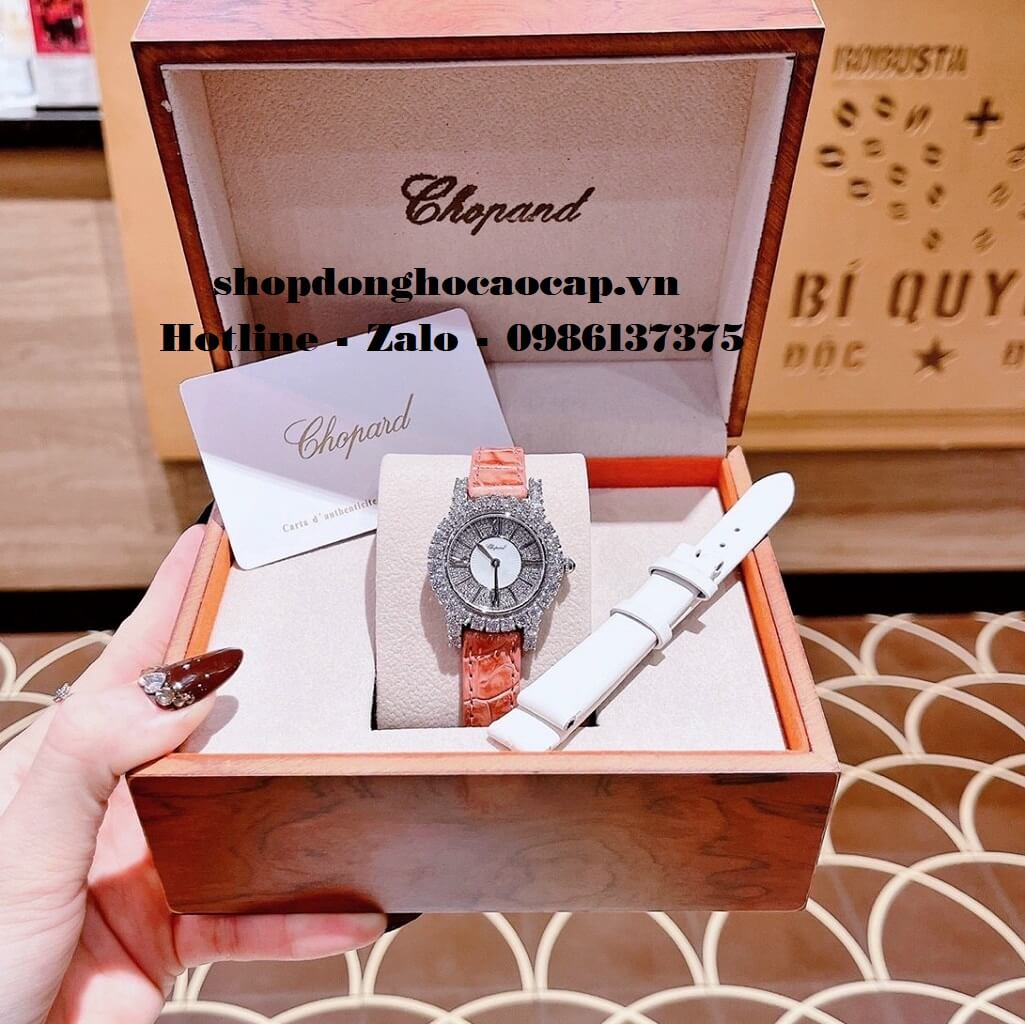 Set Đồng Hồ Chopard Nữ Dây Da Đính Đá Bạc 31mm (Hồng, Trắng)