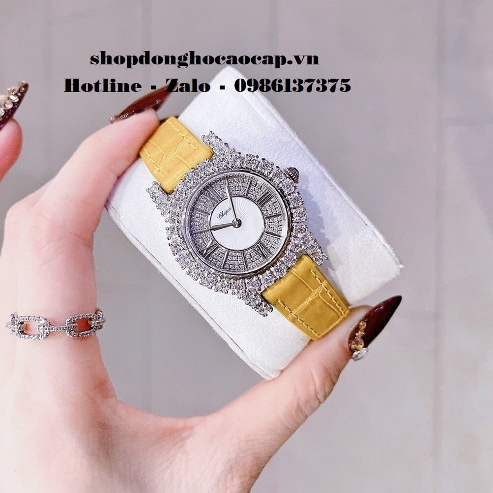 Đồng Hồ Chopard Nữ Dây Da Vàng Đính Đá Bạc 31mm