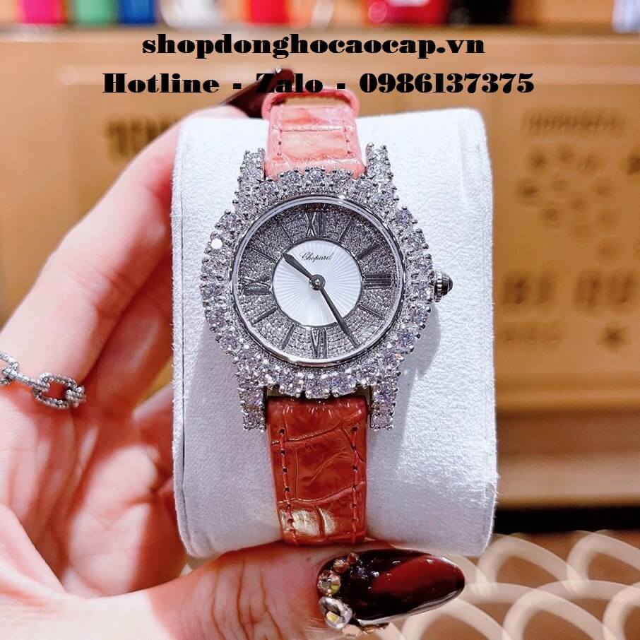 Đồng Hồ Chopard Nữ Dây Da Hồng Đính Đá Bạc 31mm