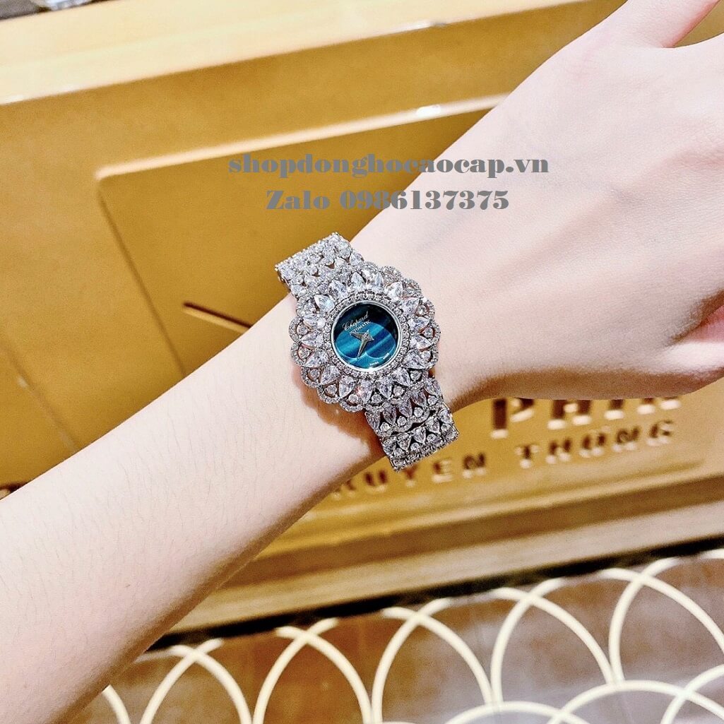 Đồng Hồ Chopard Nữ Mặt Hoa Xanh Siêu Cấp Đính Đá Silver 32mm