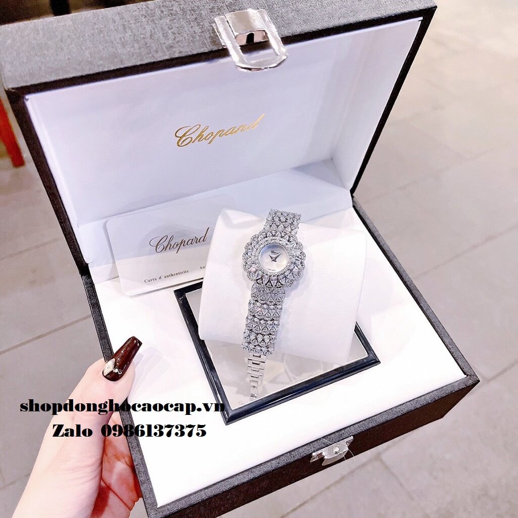 Đồng Hồ Chopard Nữ Mặt Hoa Xà Cừ Siêu Cấp Đính Đá Silver 32mm