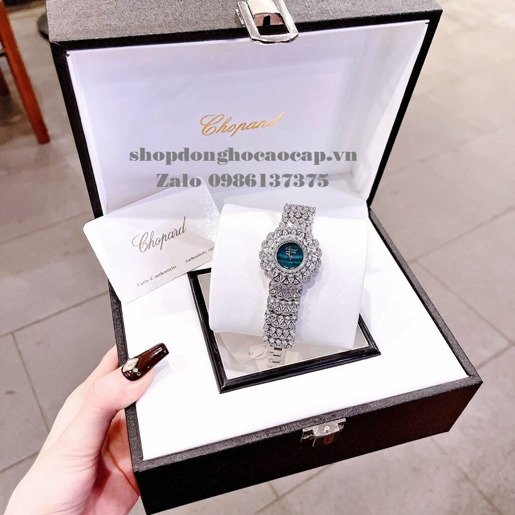 Đồng Hồ Chopard Nữ Mặt Hoa Xanh Siêu Cấp Đính Đá Silver 32mm