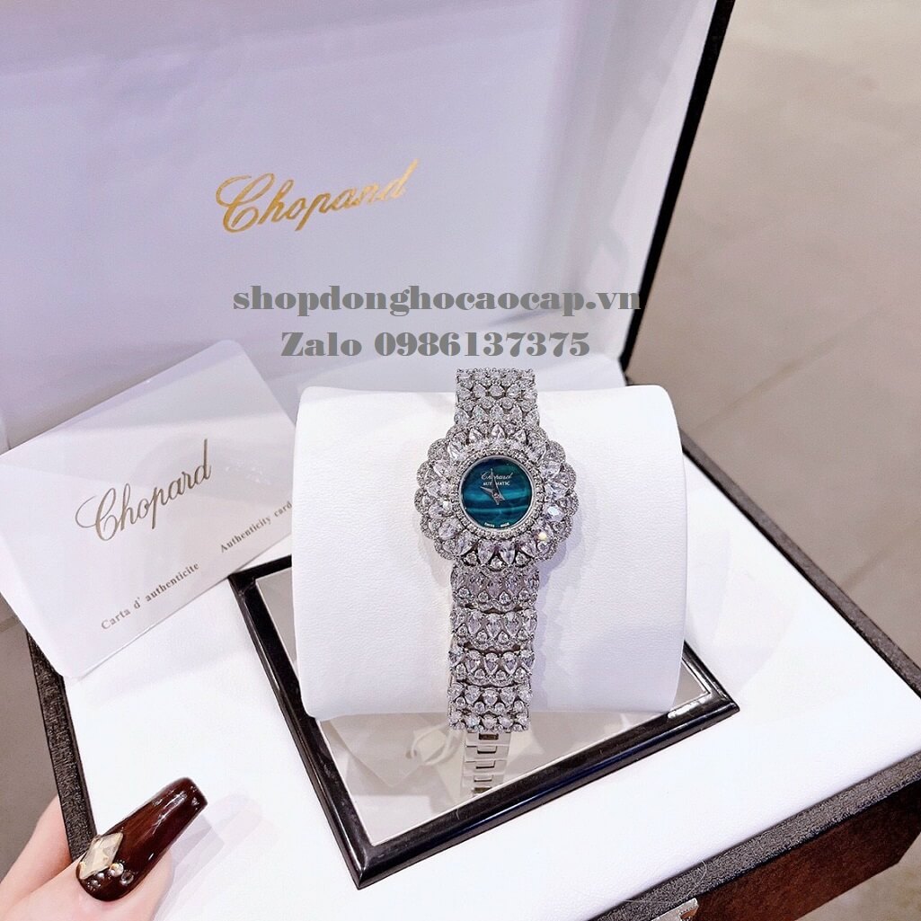 Đồng Hồ Chopard Nữ Mặt Hoa Xanh Siêu Cấp Đính Đá Silver 32mm