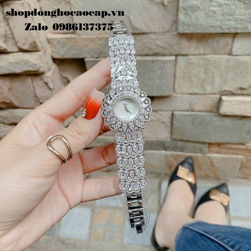 Đồng Hồ Chopard Nữ Mặt Hoa Xà Cừ Siêu Cấp Đính Đá Silver 32mm