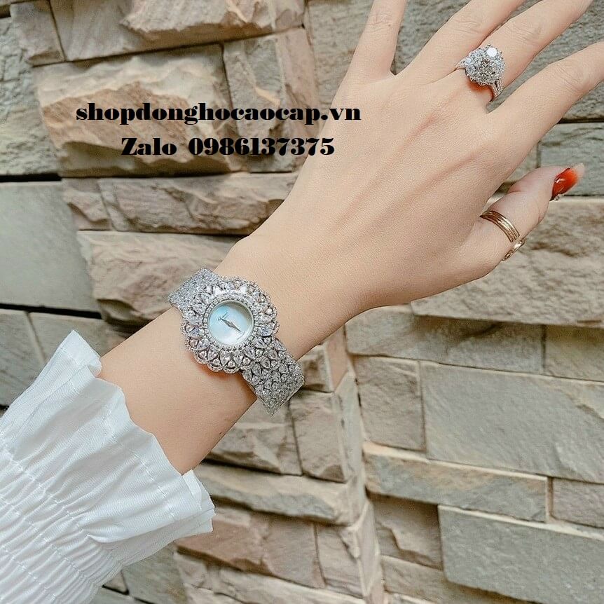 Đồng Hồ Chopard Nữ Mặt Hoa Xà Cừ Siêu Cấp Đính Đá Silver 32mm