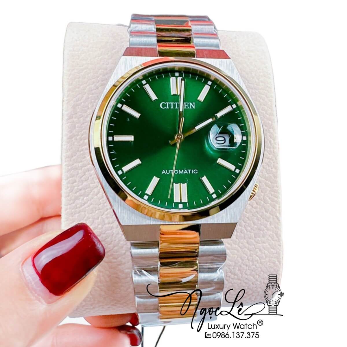 Đồng Hồ Nam Citizen Tự Động Dây Kim Loại Demi Vàng Mặt Xanh Lá Size 39mm