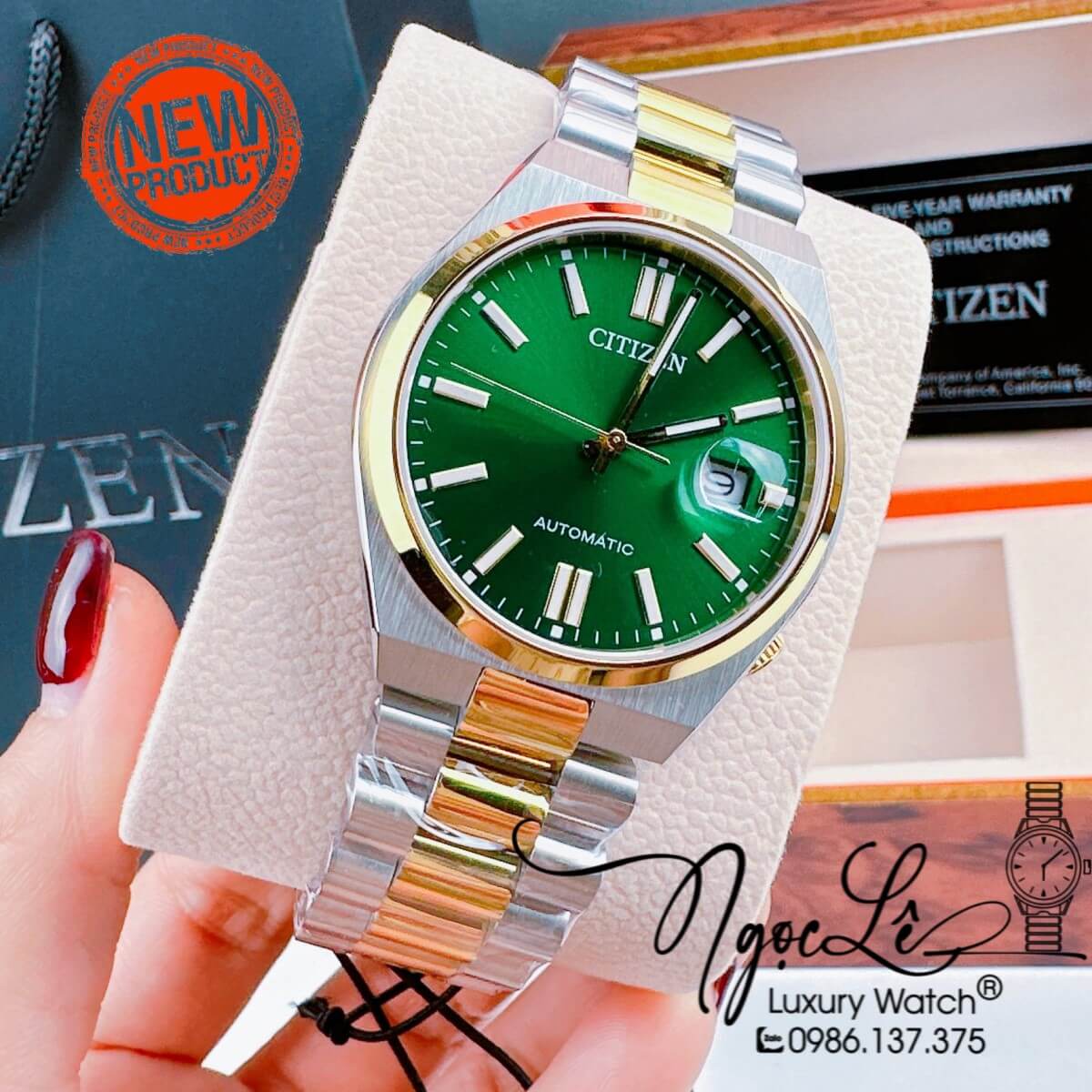 Đồng Hồ Nam Citizen Tự Động Dây Kim Loại Demi Vàng Mặt Xanh Lá Size 39mm