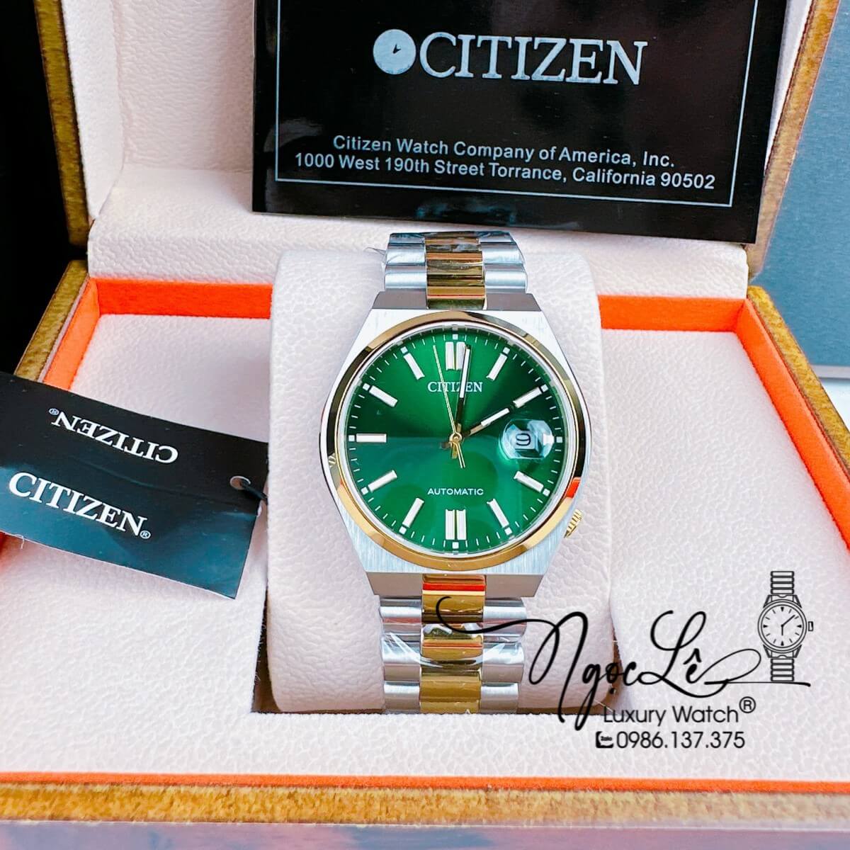 Đồng Hồ Nam Citizen Tự Động Dây Kim Loại Demi Vàng Mặt Xanh Lá Size 39mm