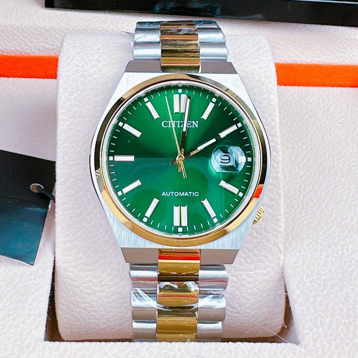 Đồng Hồ Nam Citizen Tự Động Dây Kim Loại Demi Vàng Mặt Xanh Lá Size 39mm