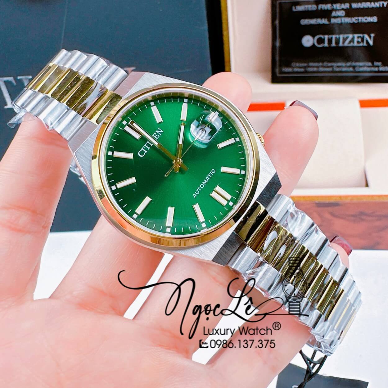 Đồng Hồ Nam Citizen Tự Động Dây Kim Loại Demi Vàng Mặt Xanh Lá Size 39mm