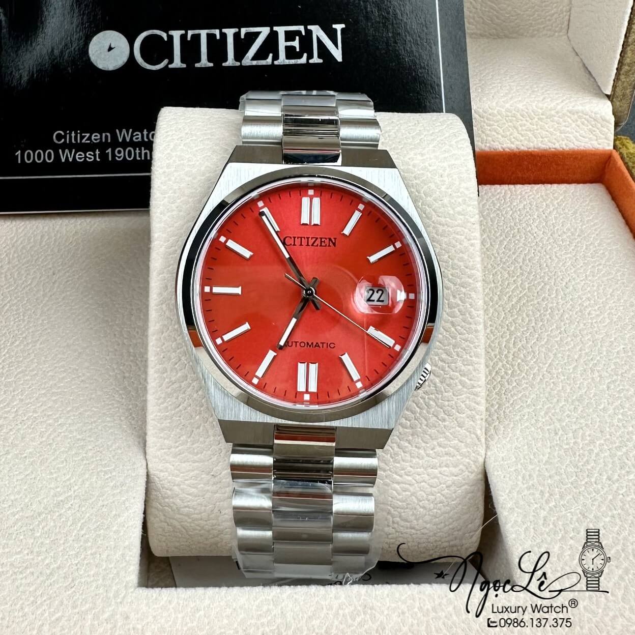 Đồng Hồ Nam Citizen Tự Động  Dây Kim Loại Silver Mặt Đỏ Size 39mm