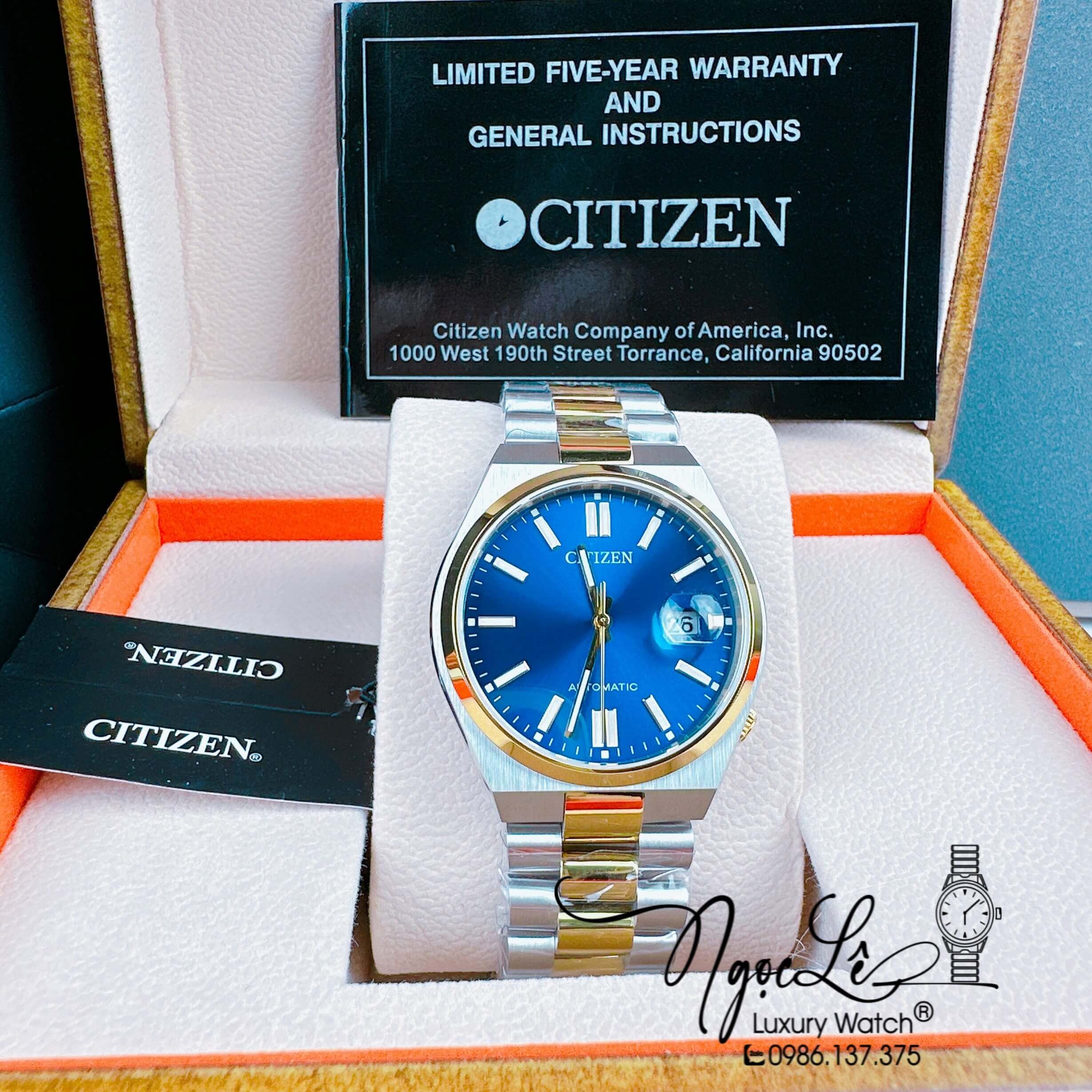 Đồng Hồ Nam Citizen Tự Động Dây Kim Loại Demi Vàng Mặt Xanh Dương Size 39mm
