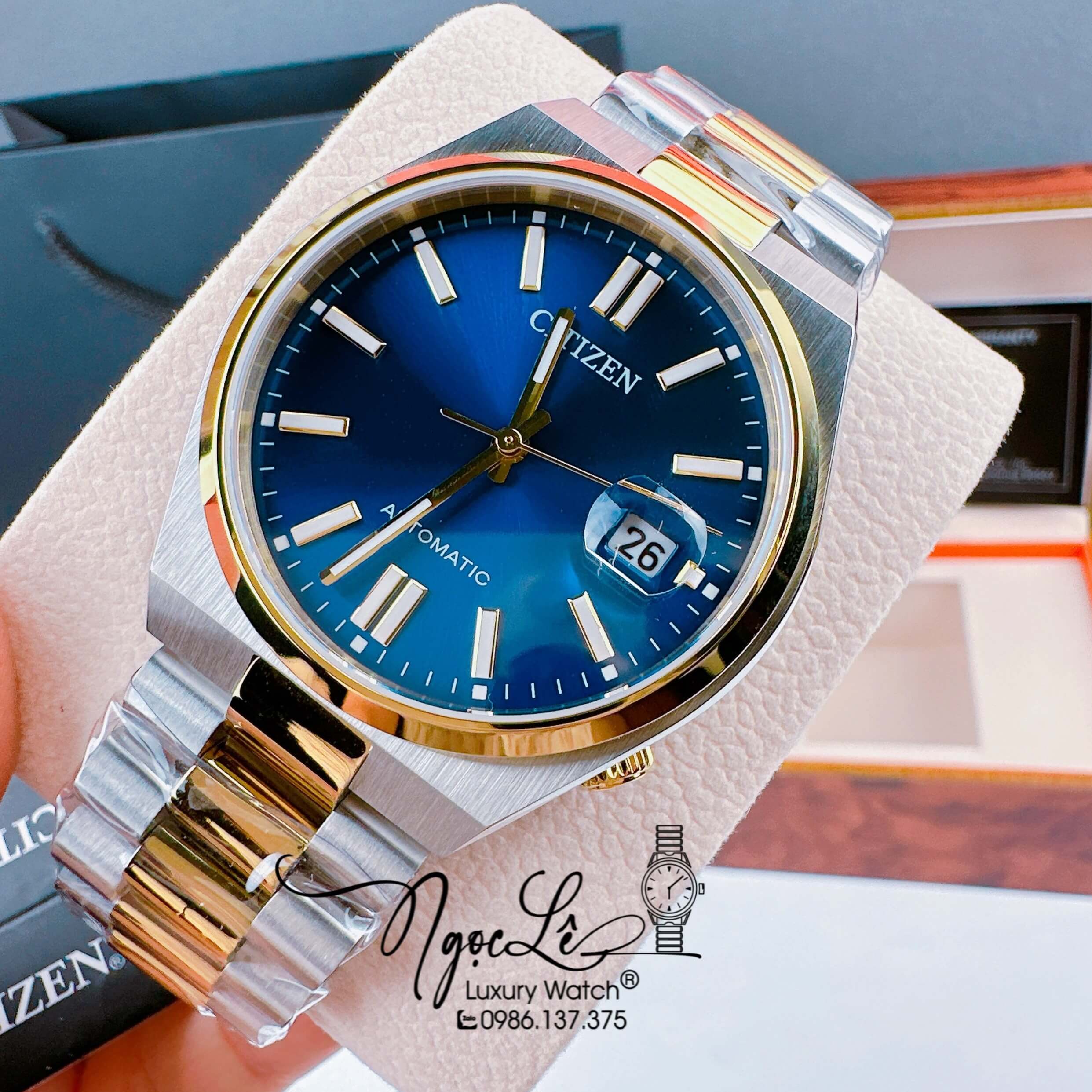 Đồng Hồ Nam Citizen Tự Động Dây Kim Loại Demi Vàng Mặt Xanh Dương Size 39mm