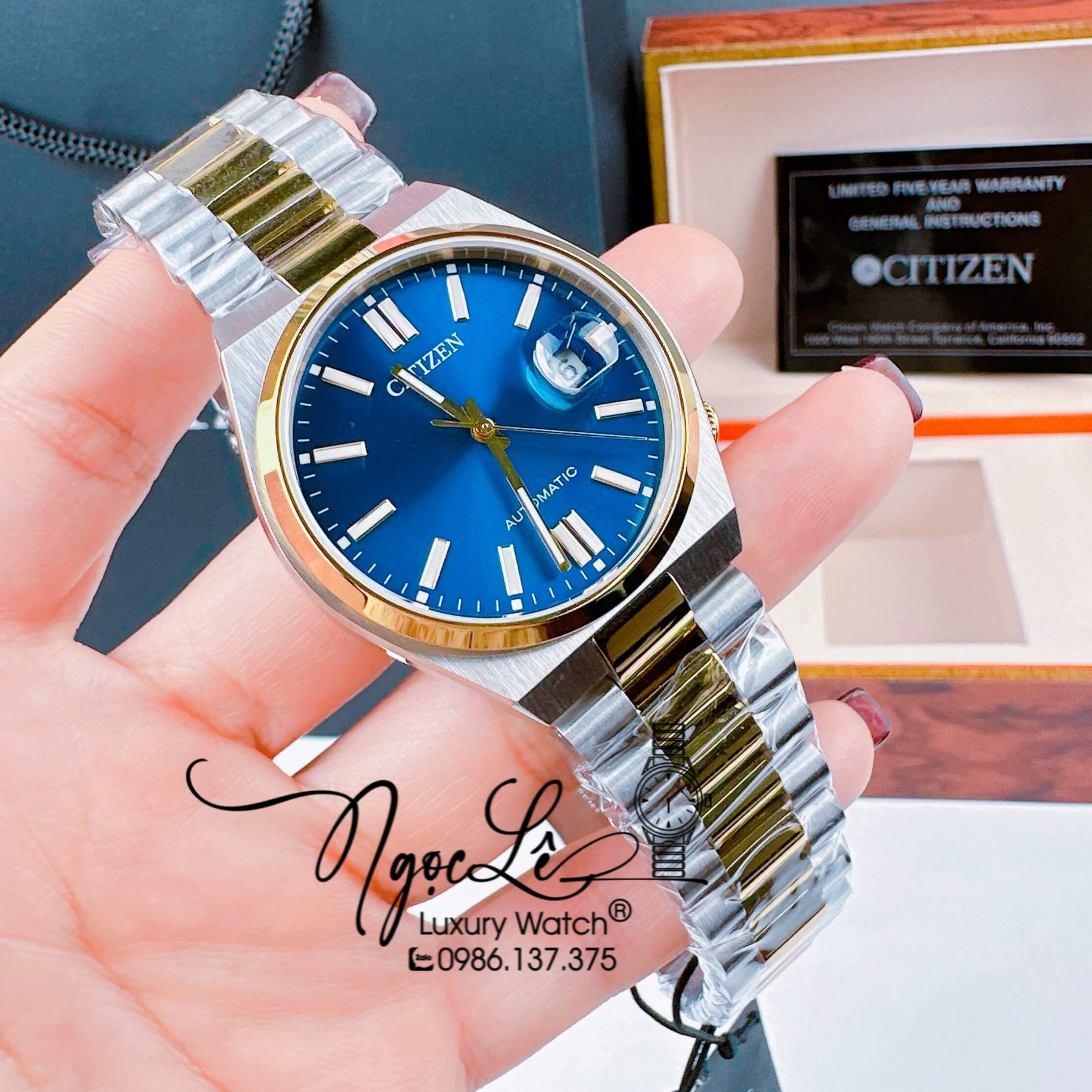 Đồng Hồ Nam Citizen Tự Động Dây Kim Loại Demi Vàng Mặt Xanh Dương Size 39mm