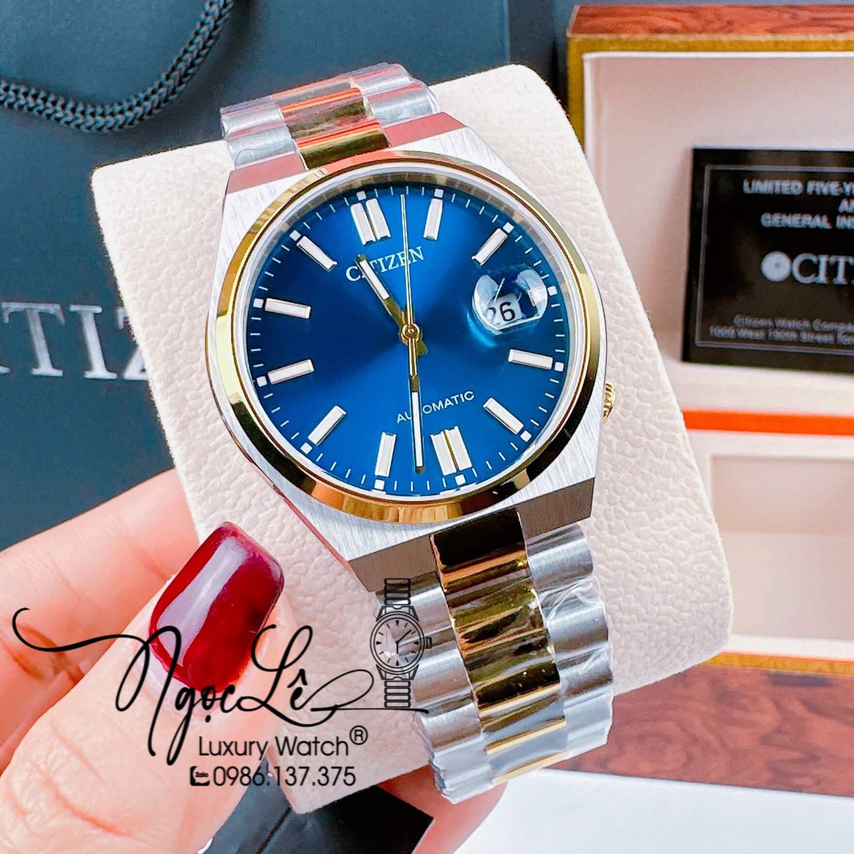 Đồng Hồ Nam Citizen Tự Động Dây Kim Loại Demi Vàng Mặt Xanh Dương Size 39mm