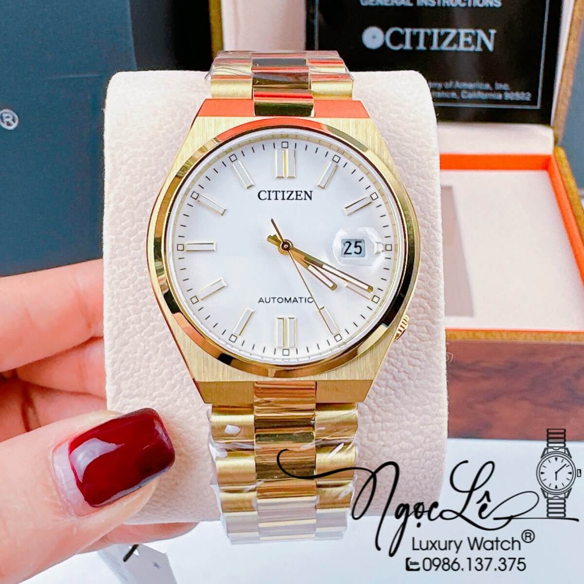 Đồng Hồ Nam Citizen Tự Động Dây Kim Loại Vàng Mặt Trắng Size 39mm