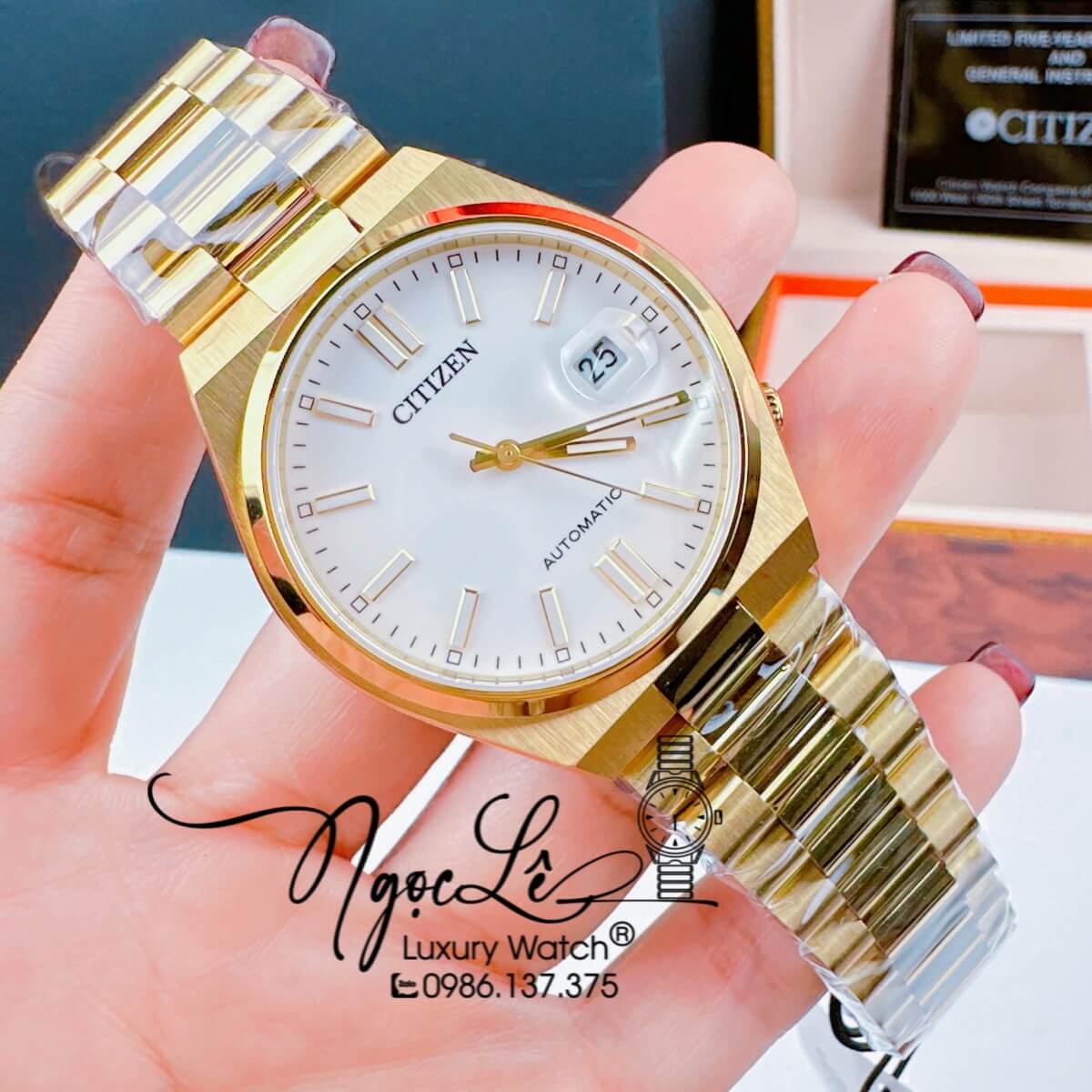 Đồng Hồ Nam Citizen Tự Động Dây Kim Loại Vàng Mặt Trắng Size 39mm