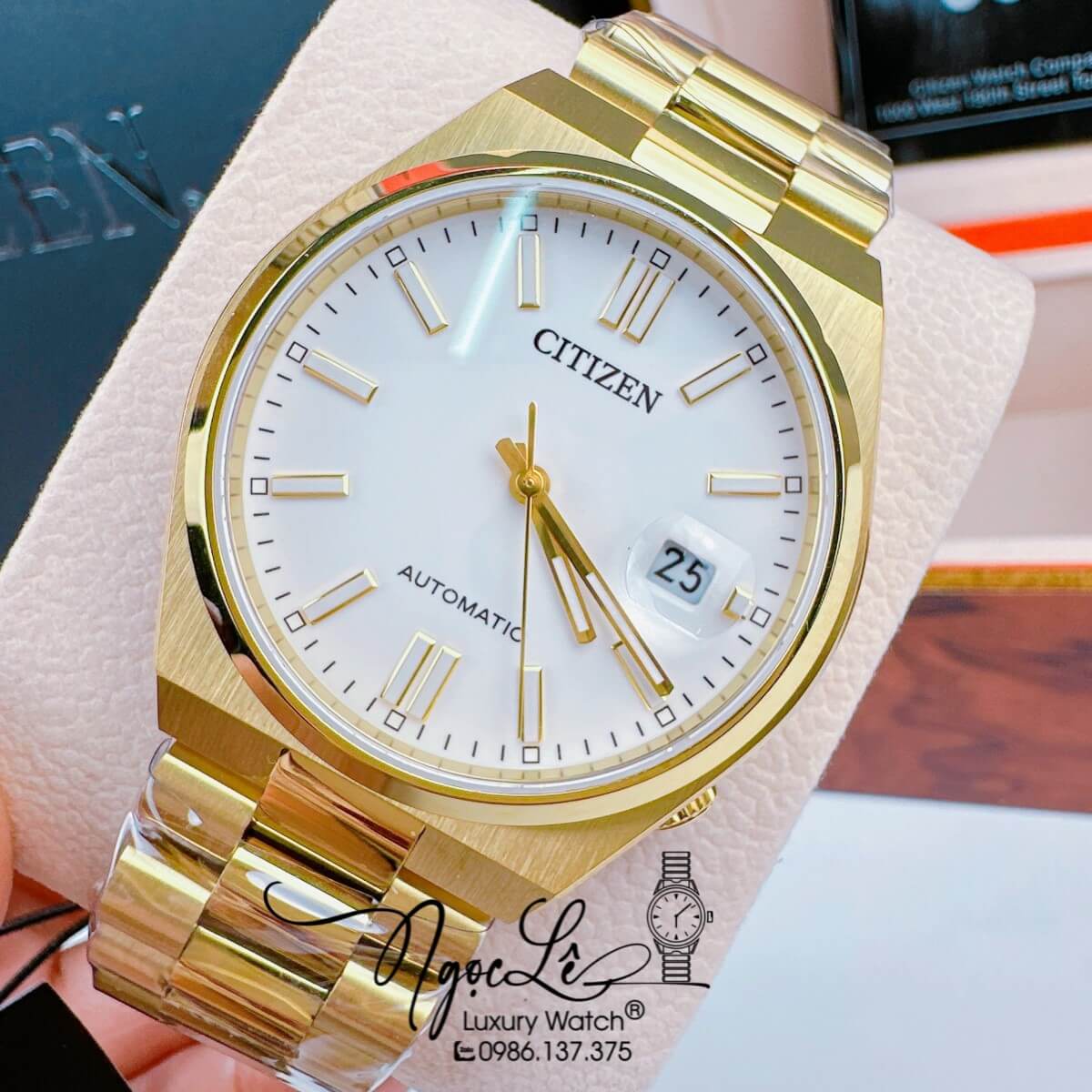 Đồng Hồ Nam Citizen Tự Động Dây Kim Loại Vàng Mặt Trắng Size 39mm
