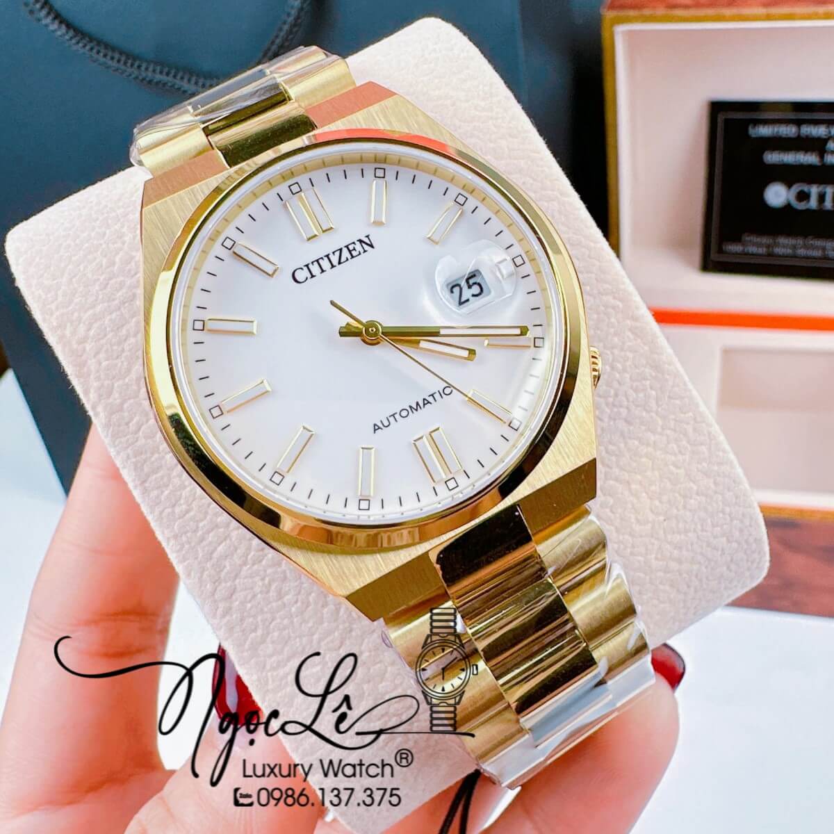 Đồng Hồ Nam Citizen Tự Động Dây Kim Loại Vàng Mặt Trắng Size 39mm